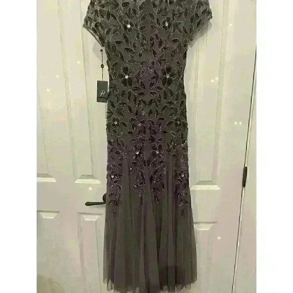 Adrianna Papell Floral Embroidered Beaded Godet Gown Dress, Lead Gray, Size 2P - Picture 7 of 9